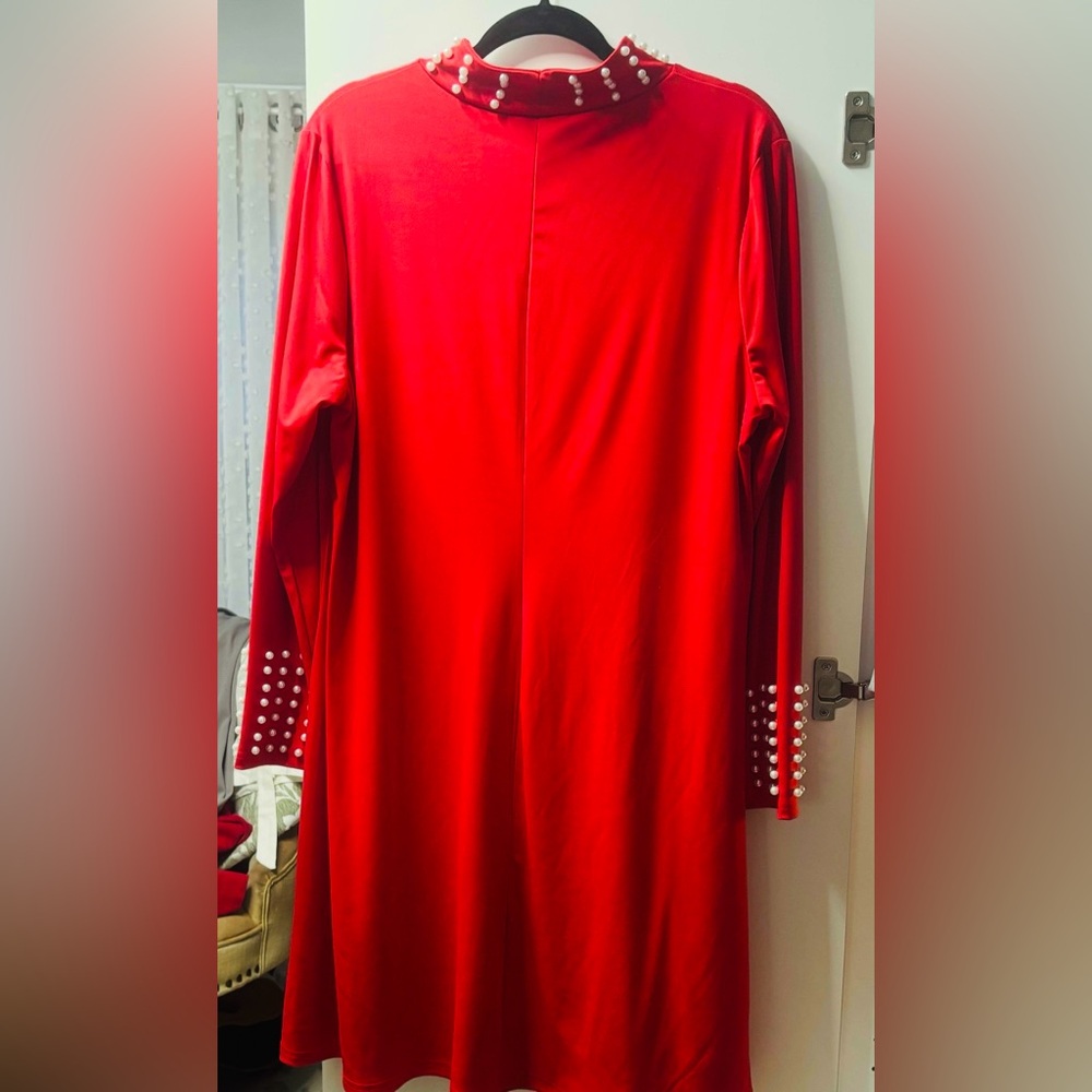 SHEIN Vibrant Red Long Sleeve Dress with Pearl Details